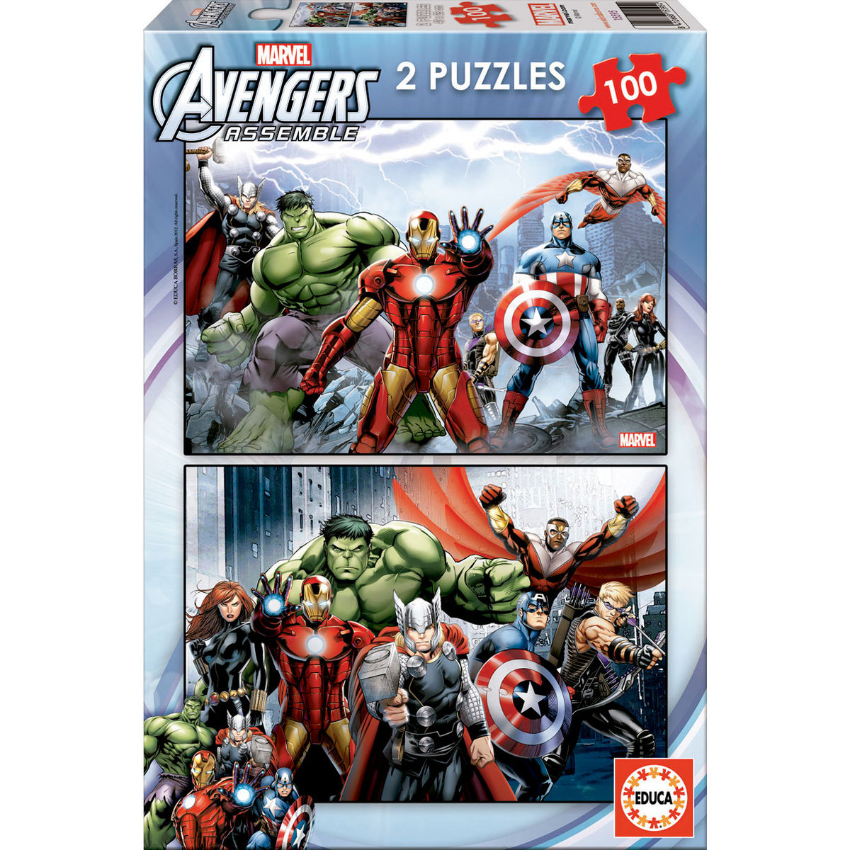Puzzle Marvel Avengers EDUCA BORRAS composé de 2x100 pièces, dimensions 40x28 cm, illustrant les héros emblématiques.