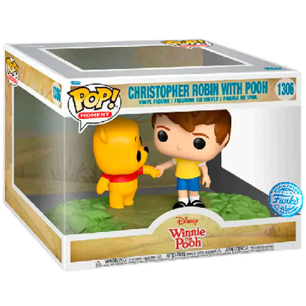 Vue rapprochée de la figurine FUNKO POP Moments Disney avec détails soignés de Winnie l'Ourson et Christopher Robin