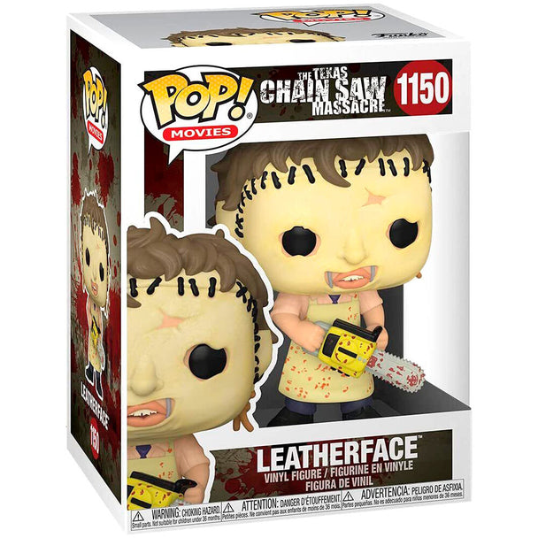 Vue rapprochée de la figurine Funko POP Leatherface avec détails du masque et de la tronçonneuse