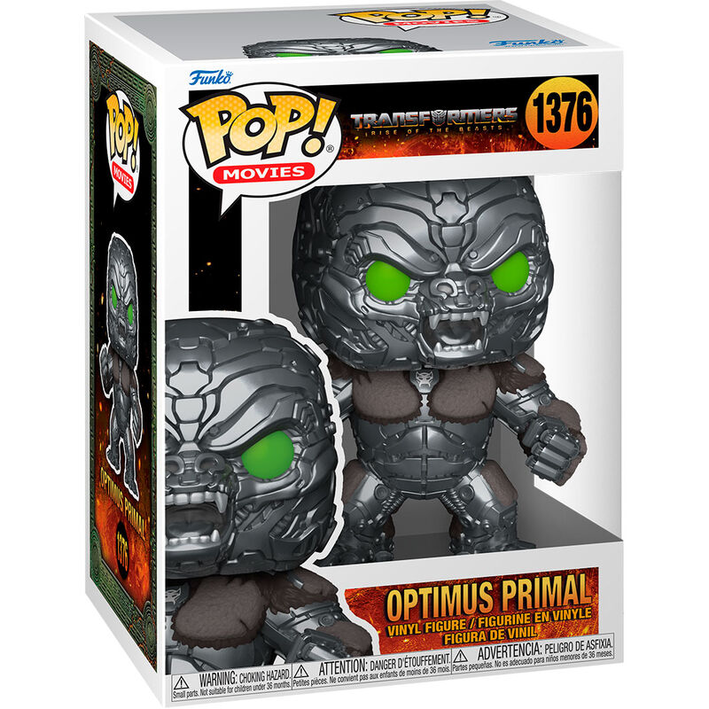 Figurine Funko POP de 9cm représentant Optimus Primal de la série Transformers, vue de face en boîte cadeau.