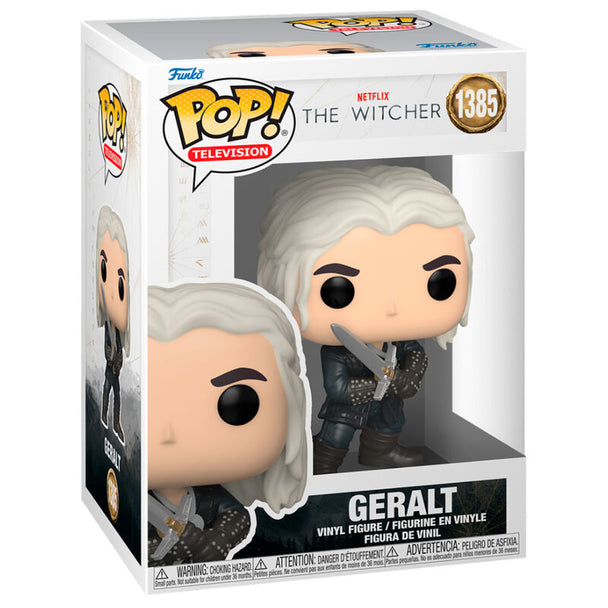 Figurine Funko POP de Geralt de The Witcher en vinyle, tenant son épée, vue de face dans sa boîte cadeau de la saison 2.