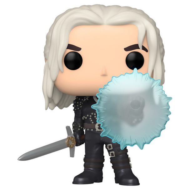 Boîte cadeau Funko POP contenant la figurine Geralt avec bouclier, parfaite pour collectionneurs et fans de The Witcher