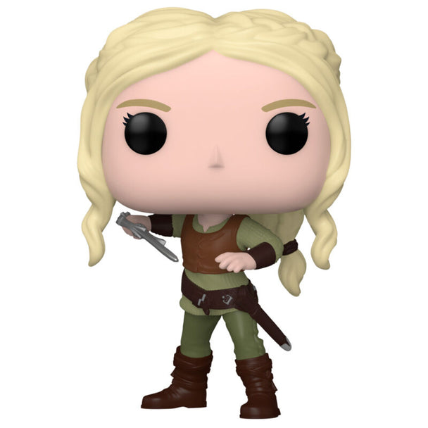 Vue rapprochée de la figurine Funko POP Ciri avec épée, détail des couleurs et accessoires dans son emballage d'origine