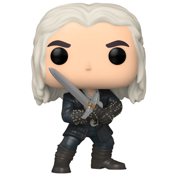 Détail de la figurine Funko POP Geralt avec son épée, montrant les finitions et les couleurs fidèles au personnage de The Witcher.