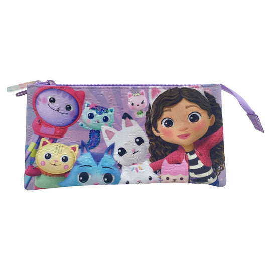 Trousse triple compartiment Gabbys Dollhouse avec fermetures éclair métalliques et pendentif chatons, vue de face.