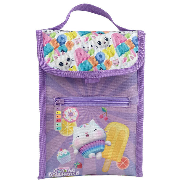 Sac déjeuner isotherme Gabbys Dollhouse avec poignée embossée six chatons, dimensions 17x10x25 cm, couleur vive.
