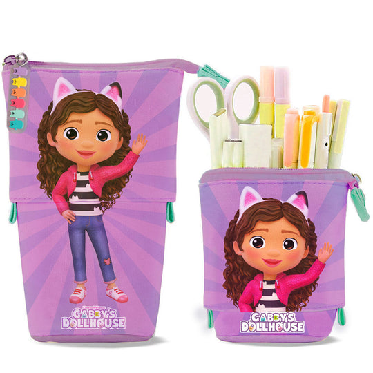 Trousse extensible Gabbys Dollhouse avec six chatons 3D sur la fermeture éclair, vue détaillée du design et de la fermeture zip.