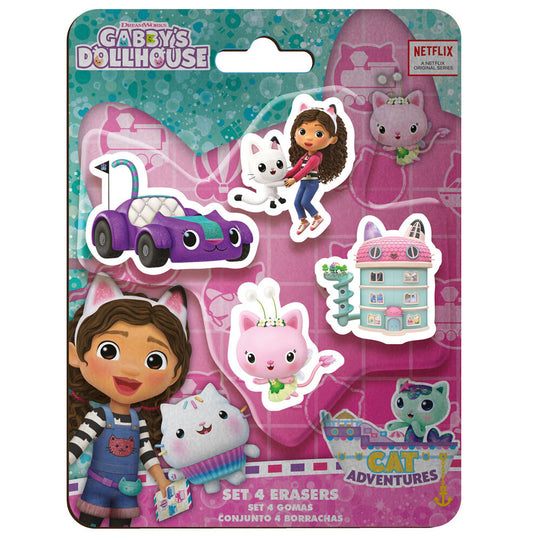 Set de 4 gommes Gabbys Dollhouse avec motifs colorés sur fond blanc, produit CYP BRANDS