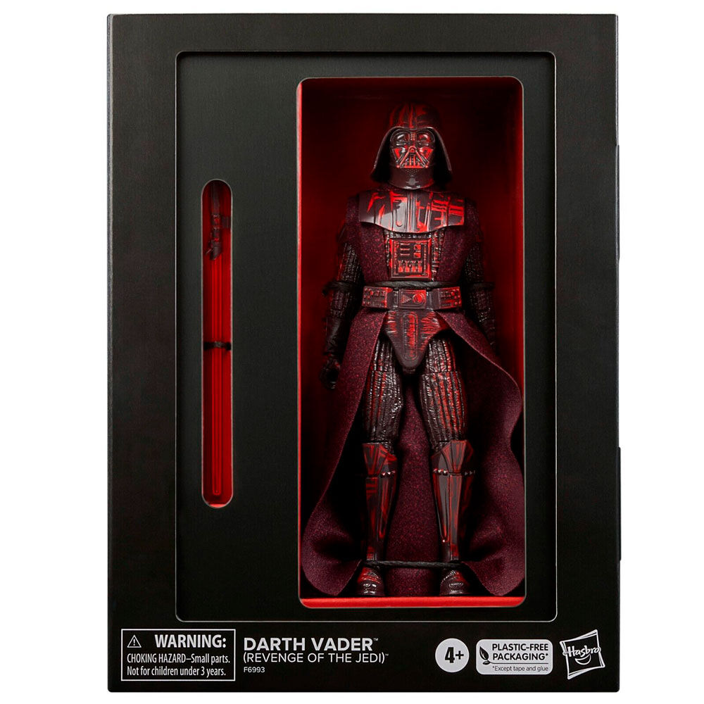 Vue latérale de la figurine Dark Vador articulée montrant la cape et les accessoires inclus
