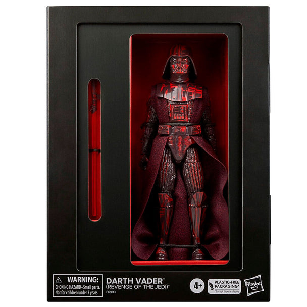 Vue latérale de la figurine Dark Vador articulée montrant la cape et les accessoires inclus