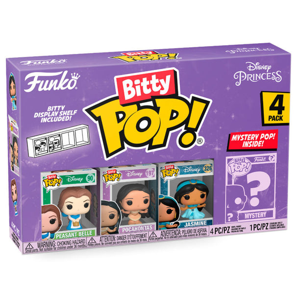 Blister contenant 4 figurines Bitty POP Disney Princess Belle de la marque FUNKO, présentées dans des boîtiers acryliques rigides