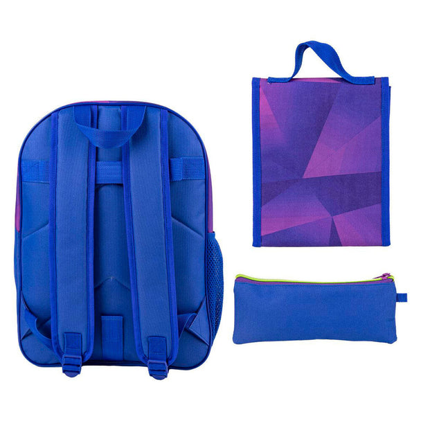 Set Sonic Prime CERDÁ comprenant une trousse, une boîte à déjeuner et un sac à dos de 42 cm en polyester, vue d'ensemble colorée et dynamique.
