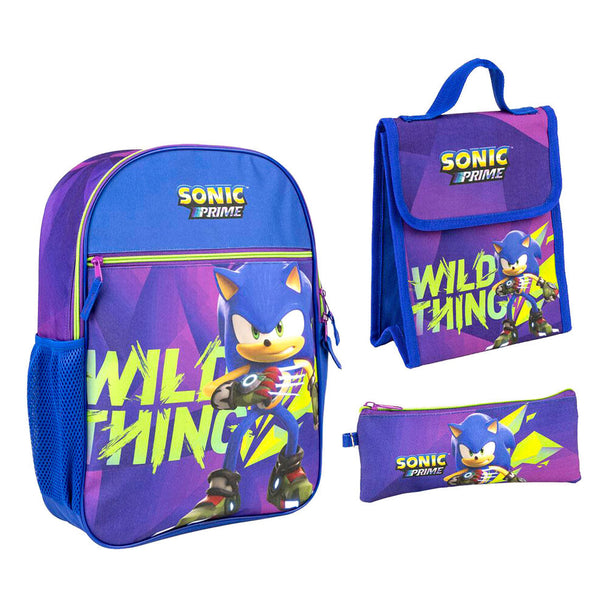 Sac à dos Sonic Prime CERDÁ de 42 cm avec motifs colorés, accompagné de la trousse et de la boîte à déjeuner assorties.
