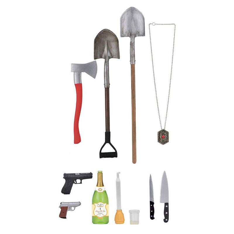 Vue rapprochée des accessoires inclus avec la figurine Bride of Chucky Tiffany & Chucky NECA