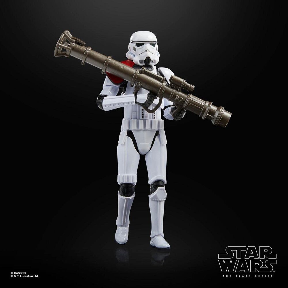 Pose dynamique de la figurine Trooper lance-roquettes Star Wars Fallen Order avec arme en main