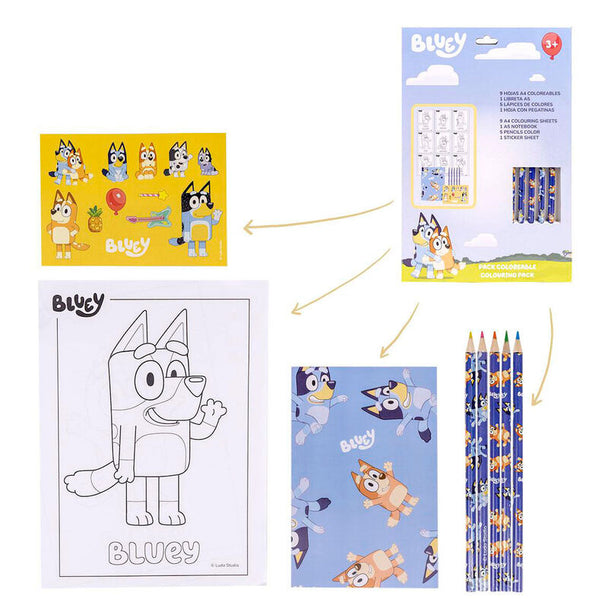 Vue de face du set de papeterie à colorier Bluey CERDÁ avec accessoires visibles