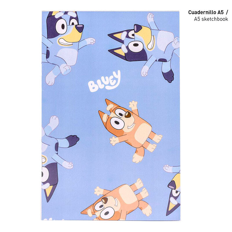Présentation des accessoires de papeterie à colorier Bluey dans leur étui compact