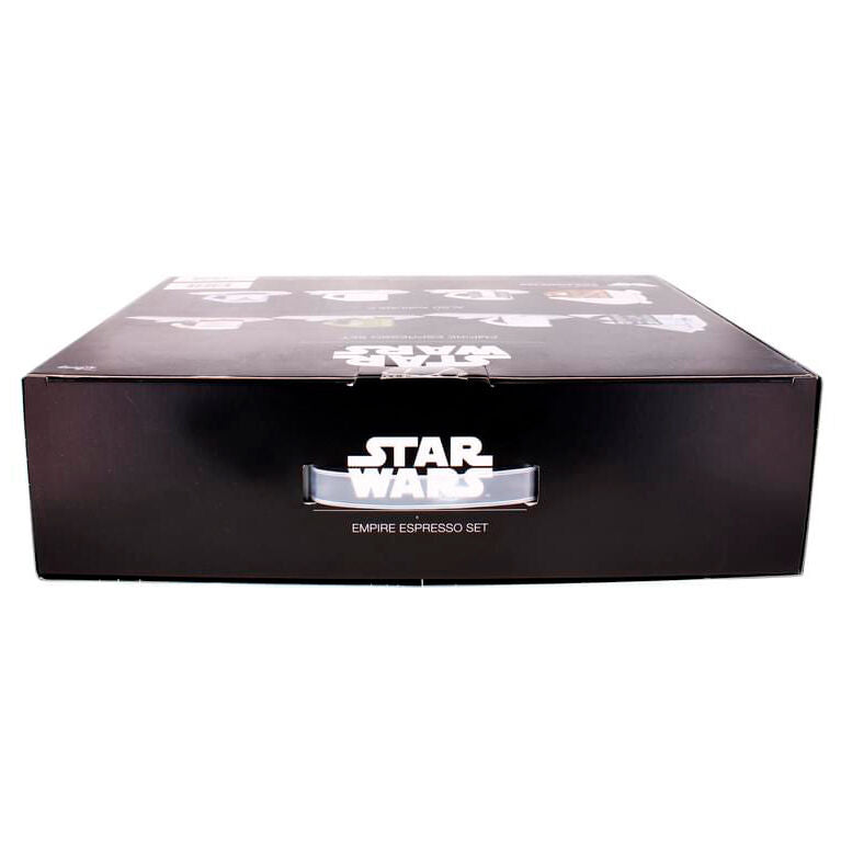 Vue de côté montrant les soucoupes assorties aux tasses du coffret espresso Star Wars