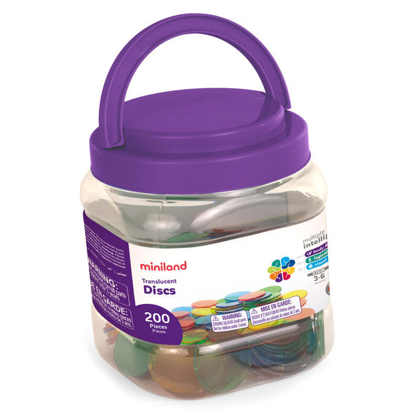 Pot contenant 200 disques translucides colorés MINILAND pour activités éducatives et ludiques.