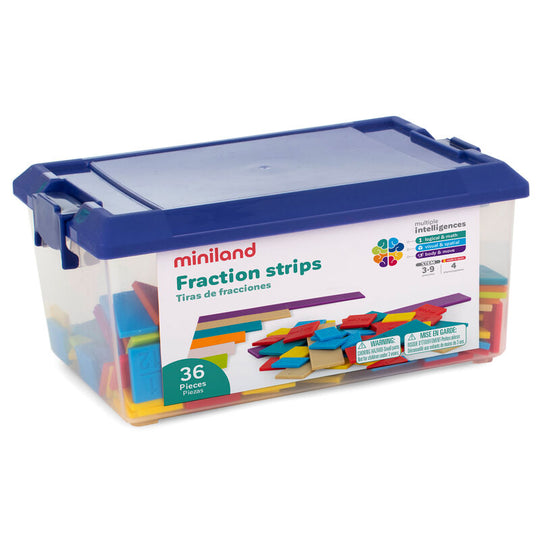 Vue rapprochée des Fraction Strips MINILAND montrant des bandes colorées représentant diverses fractions pour enfants de 6 à 9 ans.