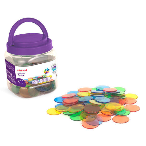 Enfants utilisant les disques translucides MINILAND sur une table lumineuse pour trier et superposer les couleurs.