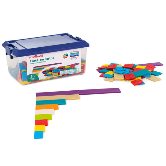 Ensemble complet des Fraction Strips MINILAND avec 4 sets colorés destinés à l'apprentissage interactif des fractions et de leur équivalence.