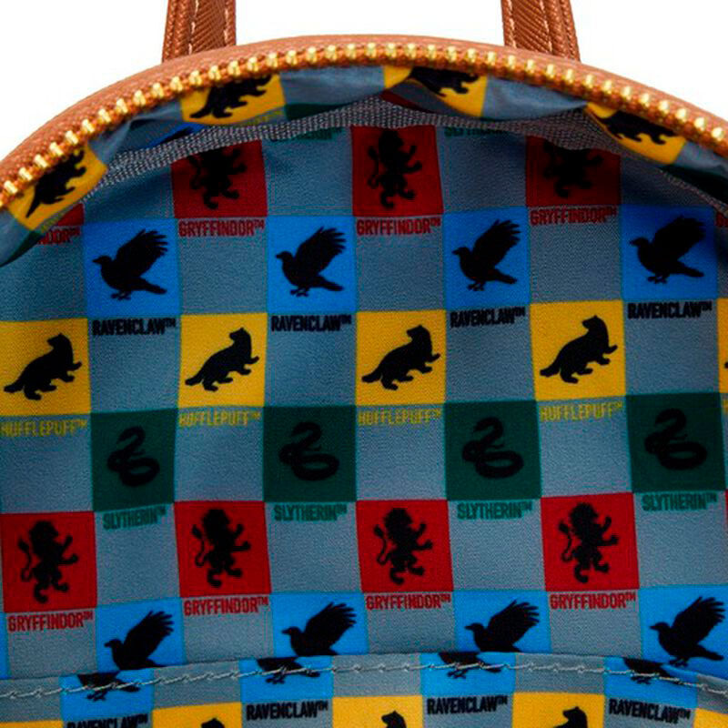 Côté du sac à dos Harry Potter Loungefly montrant la fermeture éclair et la texture