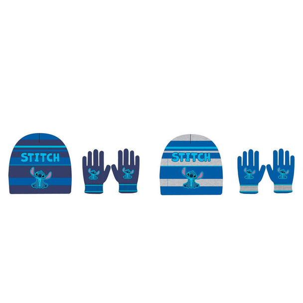 Set enfant Disney comprenant un bonnet et des gants assortis avec le personnage Stitch, aux couleurs vives et design amusant.