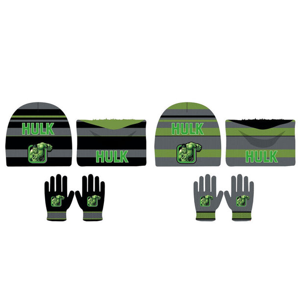Set enfant Marvel Avengers Hulk comprenant un bonnet vert et des gants assortis avec le logo Hulk.