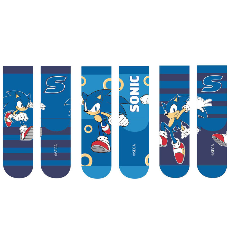 Pack de 3 chaussettes enfants Sonic the Hedgehog assorties avec différents motifs colorés SEGA.