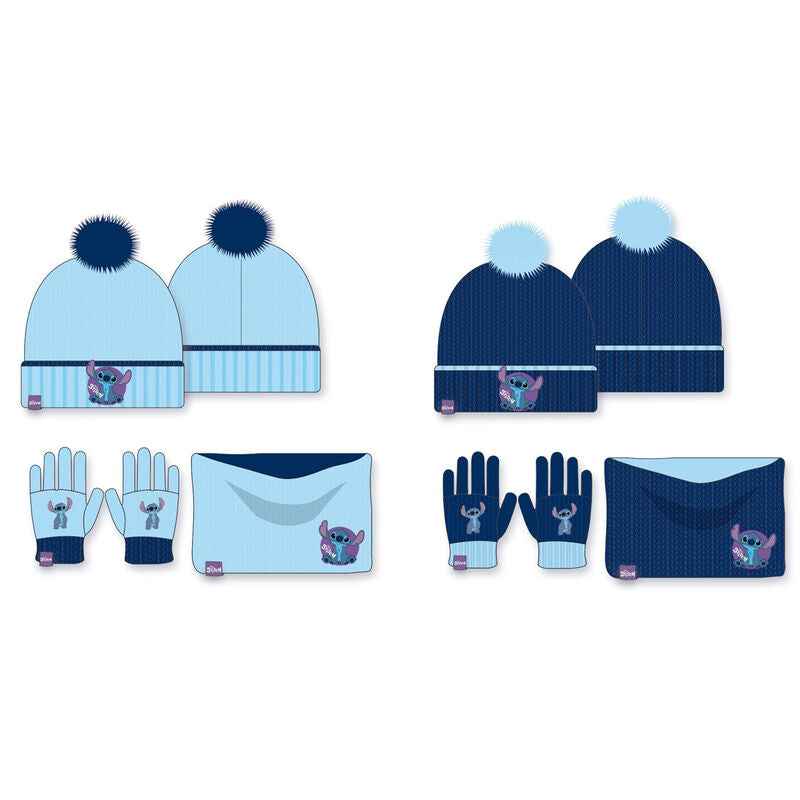 Ensemble hiver enfant Disney Stitch comprenant snood, bonnet et gants aux couleurs vives, parfait pour les journées froides.
