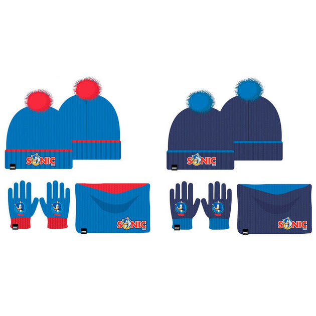 Ensemble hiver enfant Sonic the Hedgehog comprenant snood, bonnet et gants officiels SEGA sur fond blanc.