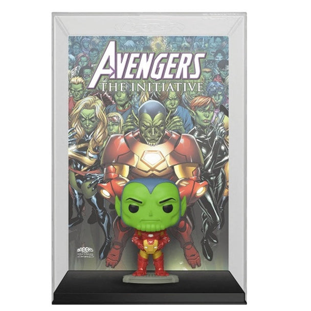 Vue rapprochée de la figurine exclusive Funko POP Avengers Skrull en costume Iron Man sur fond blanc