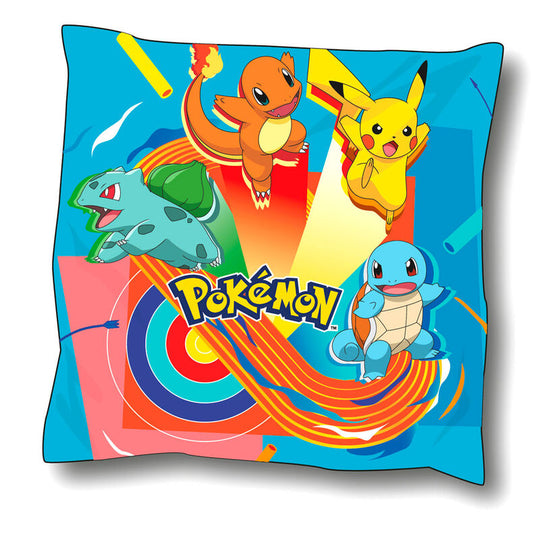 Coussin carré Pokémon 40x40 cm en microfibre douce avec design officiel Nintendo, parfait pour décoration intérieure et confort.