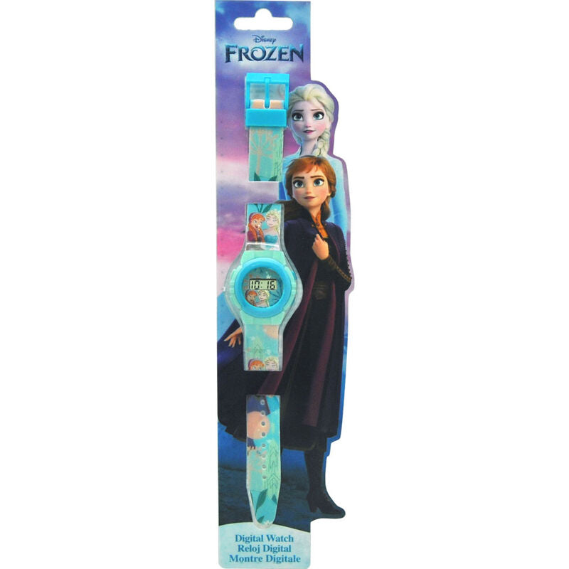 Montre digitale Disney Frozen vue de face avec écran numérique clair et bracelet coloré