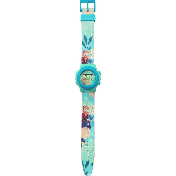 Détail du cadran digital de la montre Disney Frozen avec motifs La Reine des Neiges