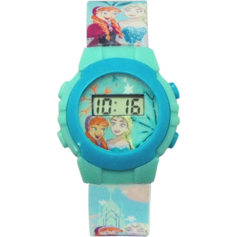 Montre digitale Disney Frozen portée au poignet d’un enfant, design adapté et coloré