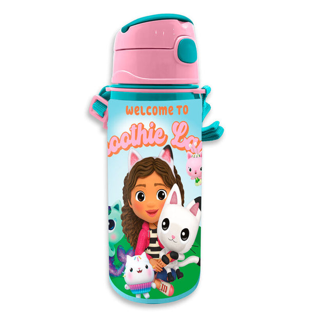 Gourde en aluminium Gabbys Dollhouse de 600ml avec poignée, idéale pour enfants, vue de face avec design coloré.