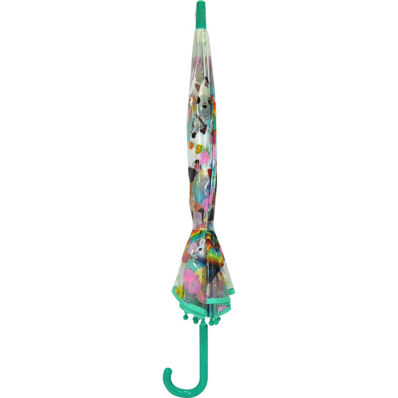 Parapluie transparent Gabbys Dollhouse 46 cm ouvert, vue de face montrant la forme en cloche