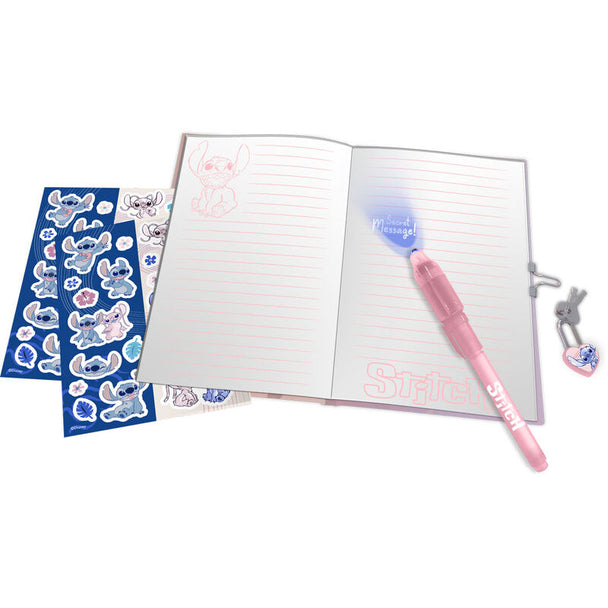 Carnet secret Disney Stitch avec couverture bleue et design coloré, dimensions 23,5x22x5cm