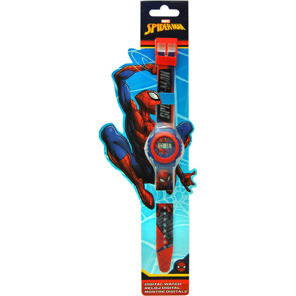 Montre digitale Marvel Spiderman vue de face avec écran digital clair et bracelet rouge et bleu.