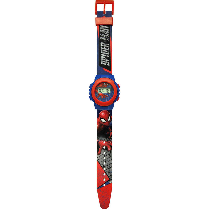 Bracelet rouge et bleu de la montre Marvel Spiderman avec motifs graphiques du personnage emblématique.