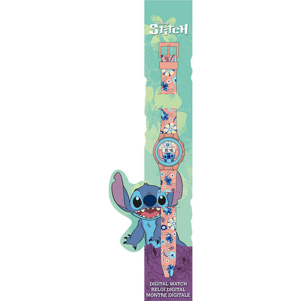 Montre digitale Disney Stitch vue de face avec écran clair et bracelet coloré pour enfants
