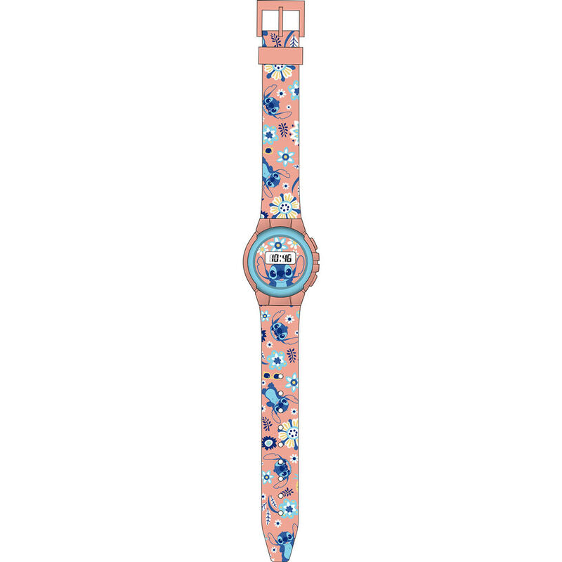 Détail du cadran digital de la montre Disney Stitch avec design enfantin et logo KIDS LICENSING