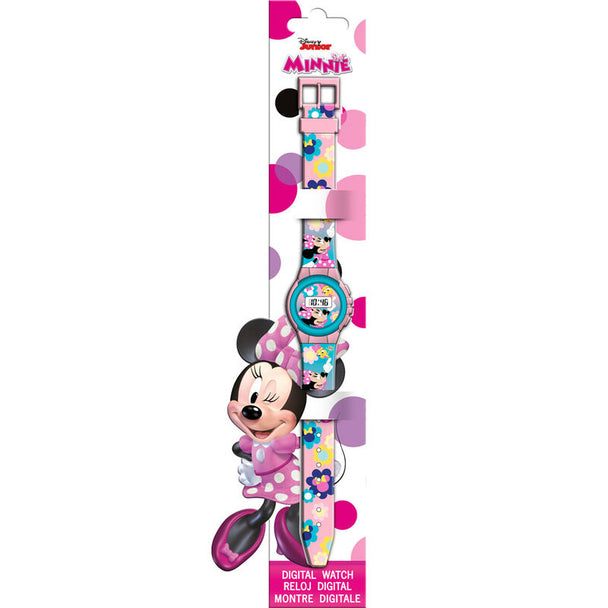 Montre digitale Disney Minnie vue de face avec écran clair et bracelet coloré