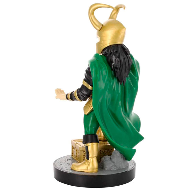 Support Marvel Loki avec smartphone posé, montrant la compatibilité universelle