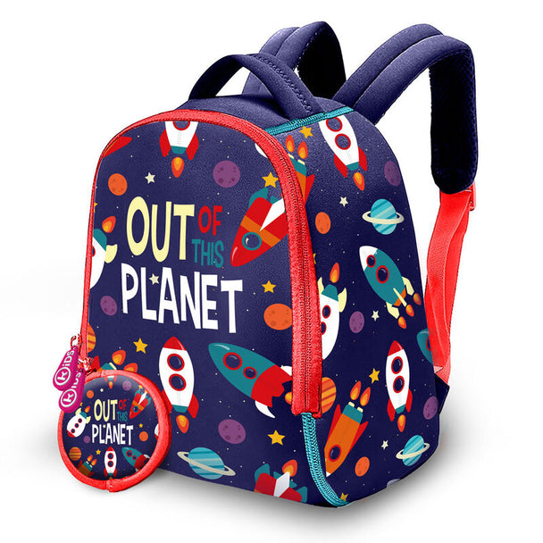 Sac à dos enfant Out Planet 25cm en néoprène avec porte-monnaie assorti, design coloré et pratique pour les petits aventuriers.