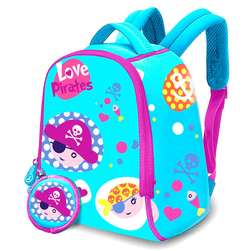 Sac à dos enfant Love Pirates 25 cm en néoprène avec porte-monnaie assorti, design coloré et pratique signé KIDS LICENSING.