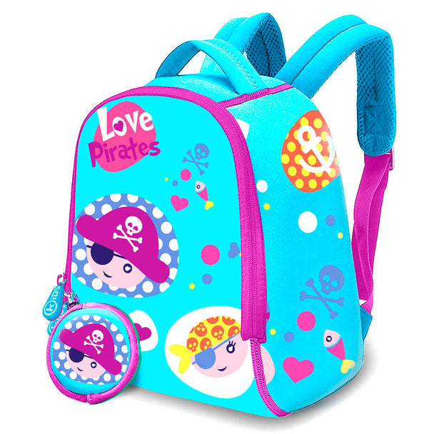 Sac à dos enfant Love Pirates 25 cm en néoprène avec porte-monnaie assorti, design coloré et pratique signé KIDS LICENSING.