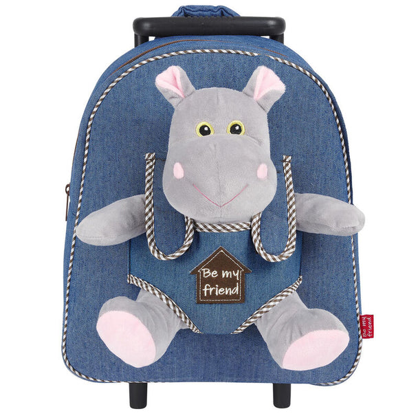 Valise trolley Holly Hypopotamo 38cm avec peluche hippopotame attachée vue de face